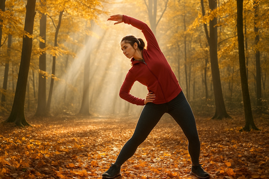 Stretching într-o pădure de foioase